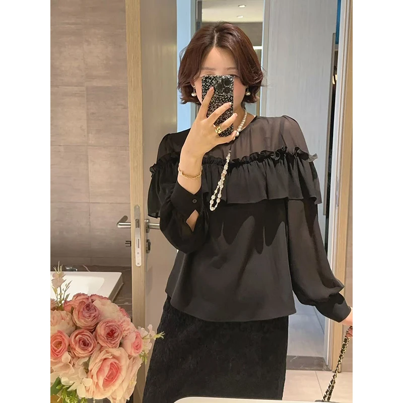 【双11清仓】【悸动花影】早秋气质显瘦荷叶边长袖蕾丝衫Z525E04738