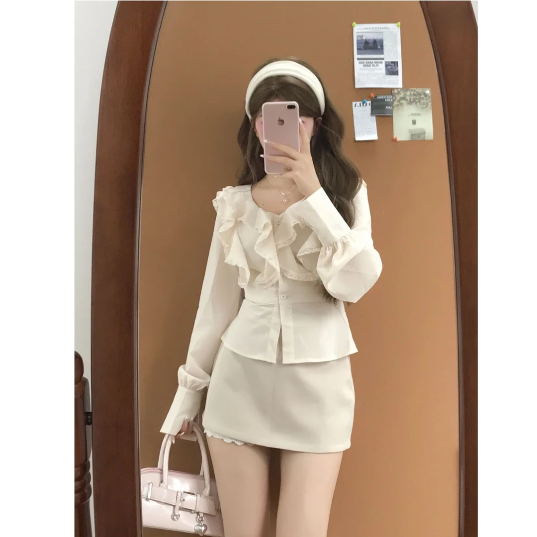 【梦游仙境】蕾丝荷叶边纯欲法式衬衫女秋季收腰短上衣短款短裙套装