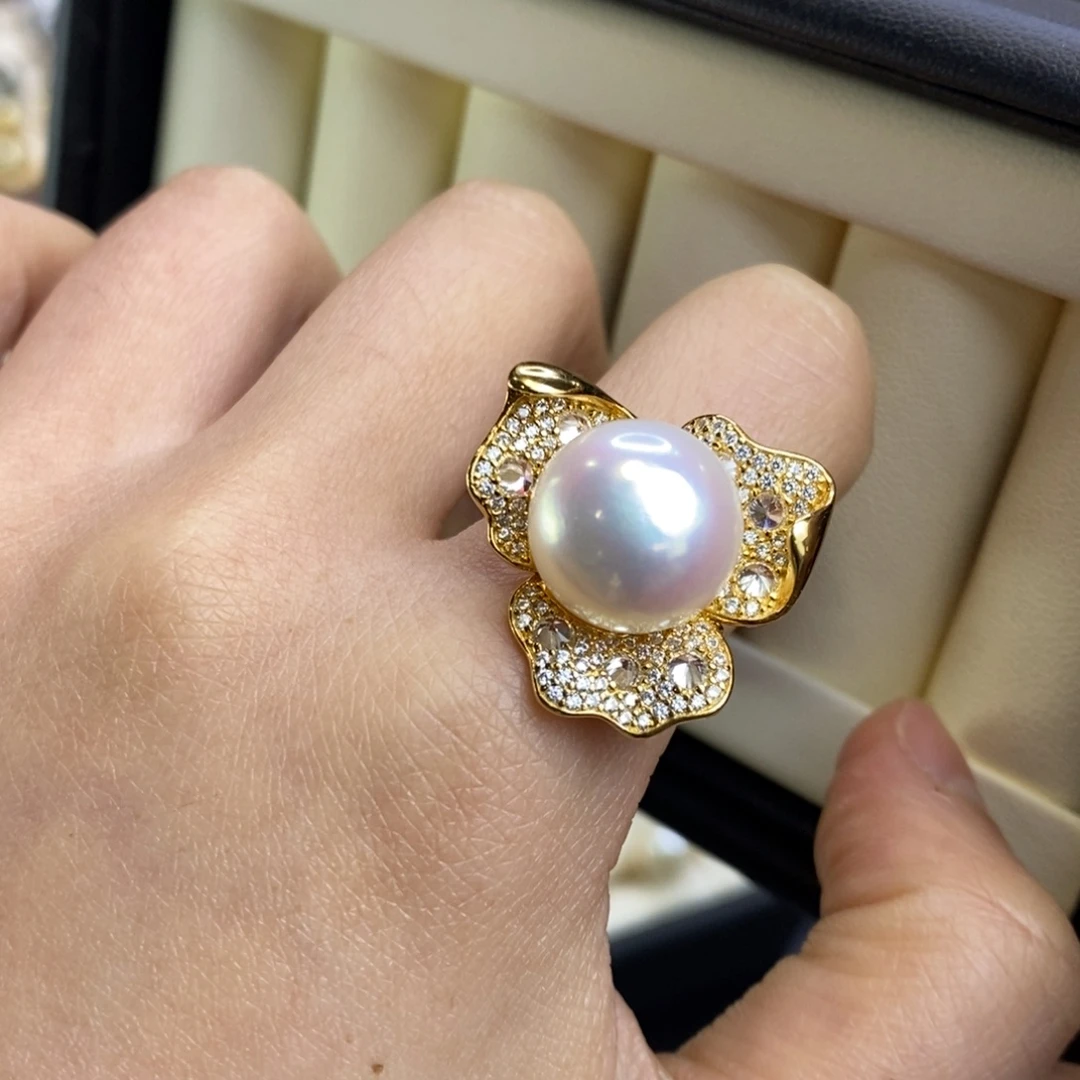 银S925镀金镶嵌淡水珍珠戒指特价近圆