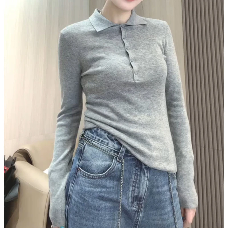 2025年早秋新款大码POLO领正肩长袖针织衫女小个子显瘦毛衣打底衫