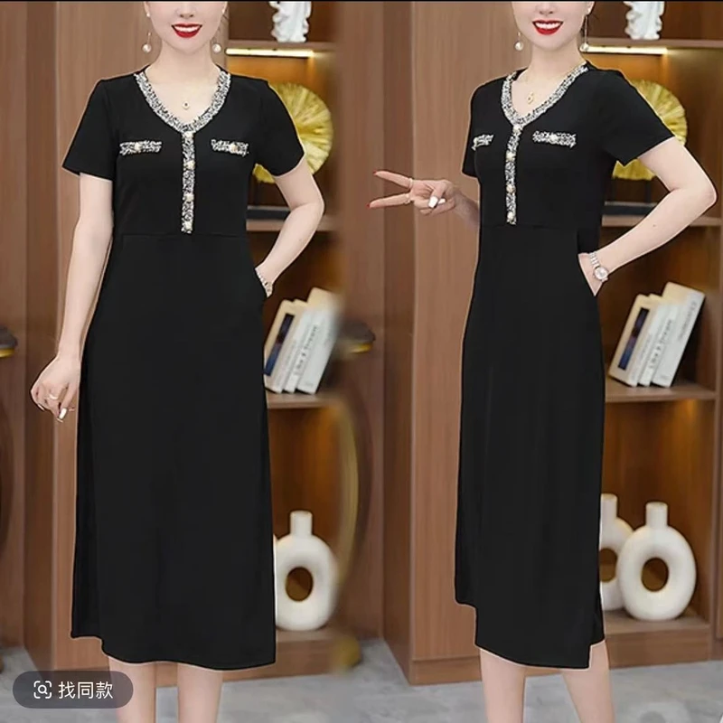 春夏季新款连衣裙女气质显瘦遮肚刺绣时尚洋气纯色口袋中长裙子