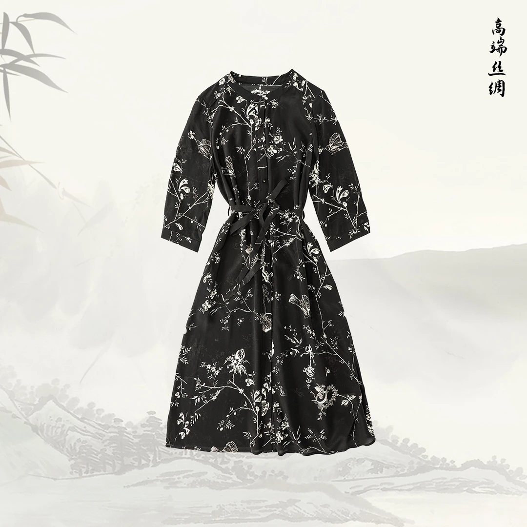 【花间舞】品牌新款桑蚕丝圆领单排扣藤蔓碎枝简约连衣裙519967