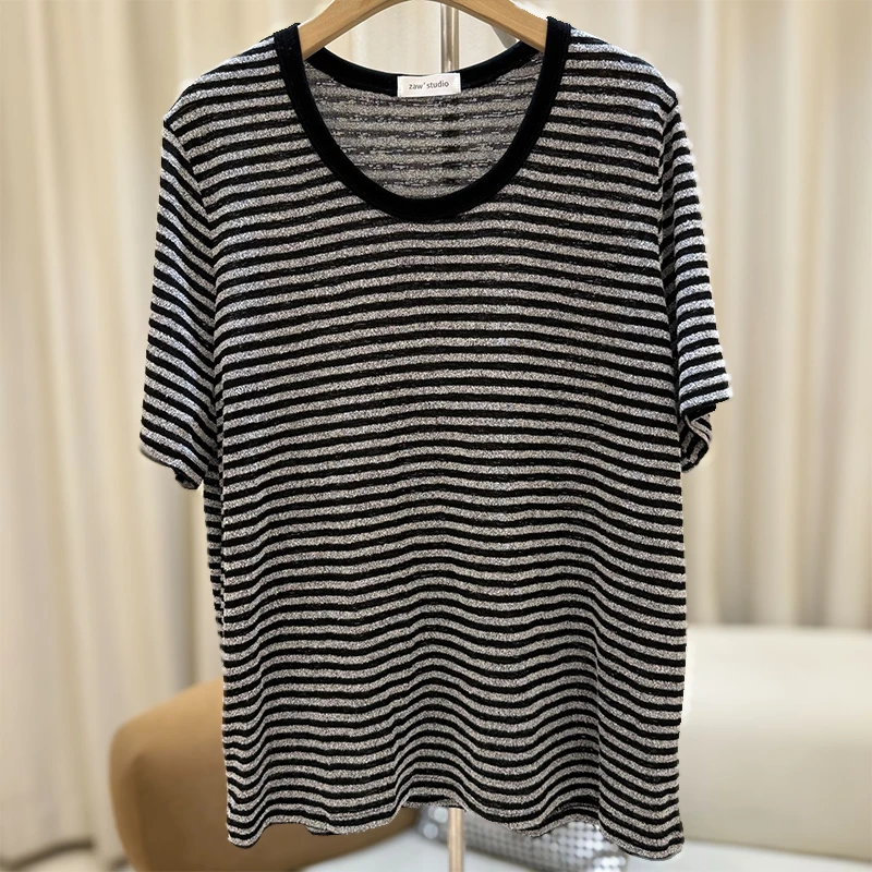 zaw大码女装撞色条纹短袖T恤女设计感遮肚子宽松胖mm上衣/25311