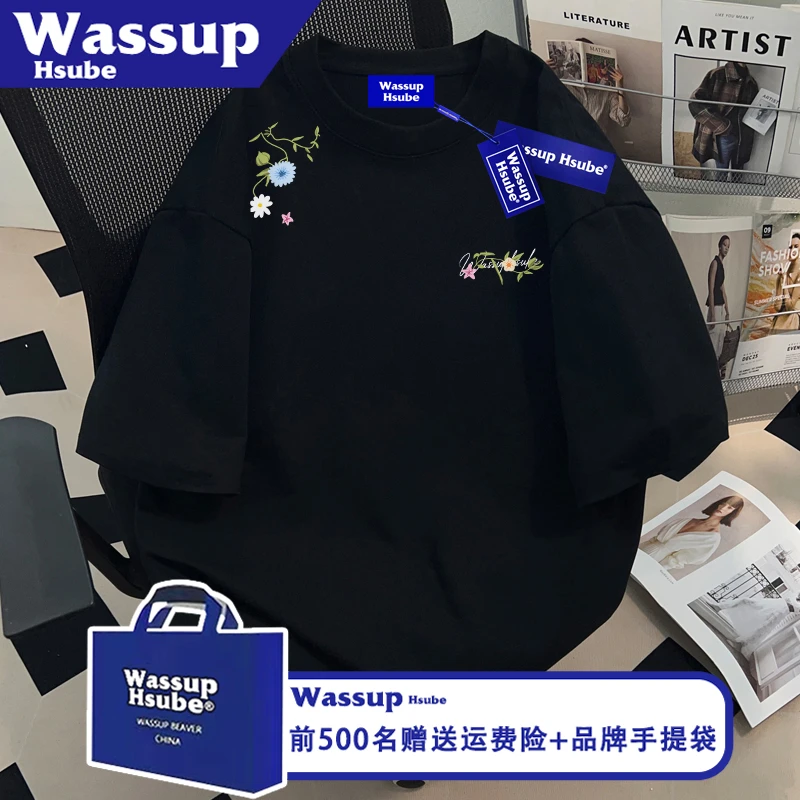 WASSUP HSUBE时尚纯棉ins夏植物花卉印花半袖男女T恤黑休闲风短袖