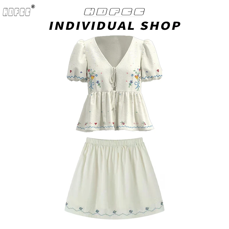 2025夏季爆款爱丽丝甜梦重工十字绣棉感娃娃衫+A字半身短裙女套装