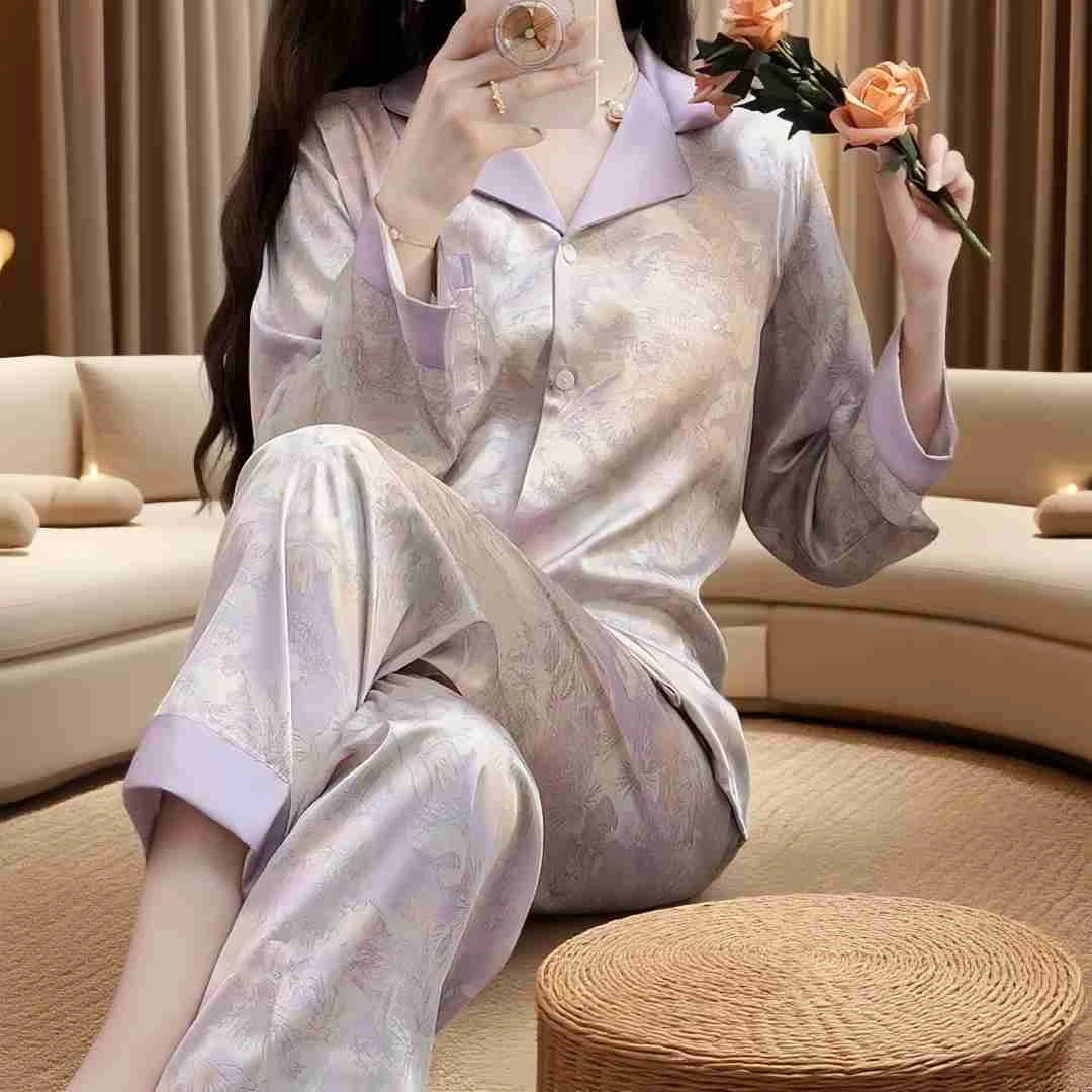 高级感新中式冰丝睡衣薄款秋季女士春秋夏季长袖国风休闲服套装