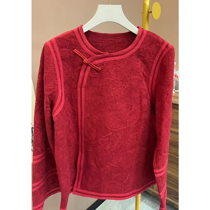 美美国风2025新款斜襟重工复古浮雕长袖时尚气质新中式上衣