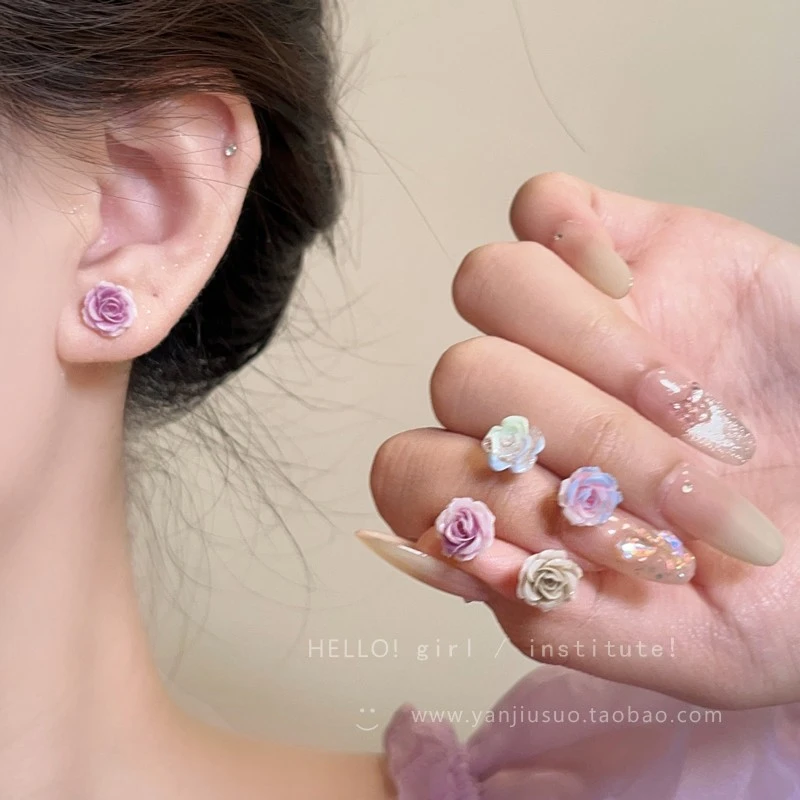 浪漫不渝渐层彩色玫瑰花耳环女适合春天的独特漂