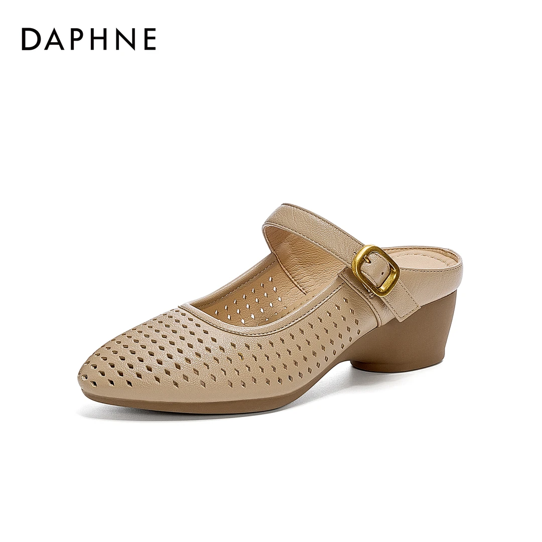 达芙妮夏季高跟包头拖鞋女2025新款外穿粗跟尖头半托镂空透气拖鞋