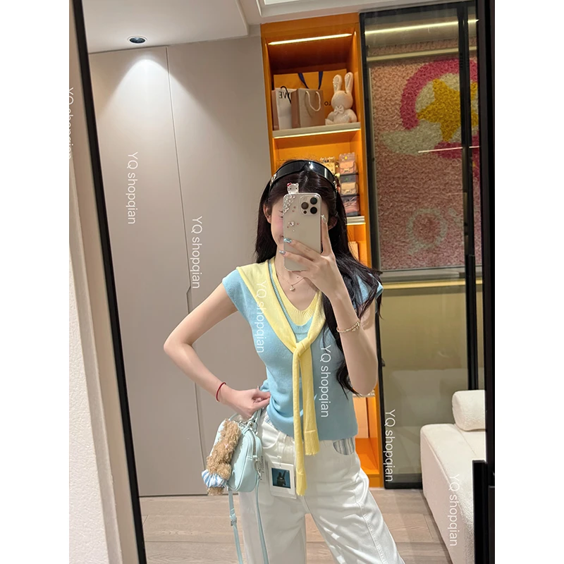 韩系气质两件套v领无袖背心t恤女夏季配披肩冰丝针织短款坎肩上衣