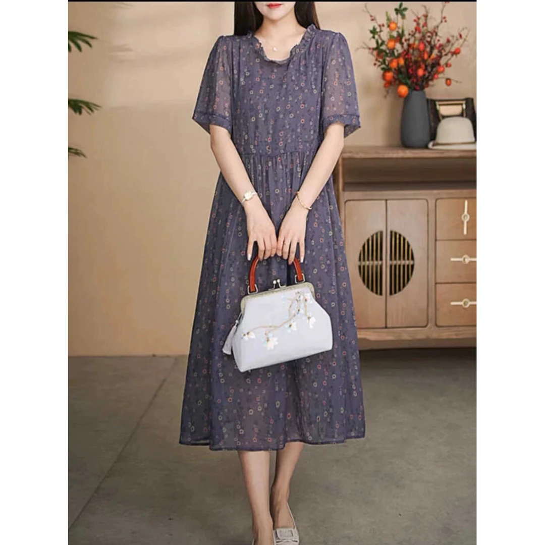 0589紫色花蕊女装连衣裙透气裙子妈妈装夏装洋气显瘦气质休闲