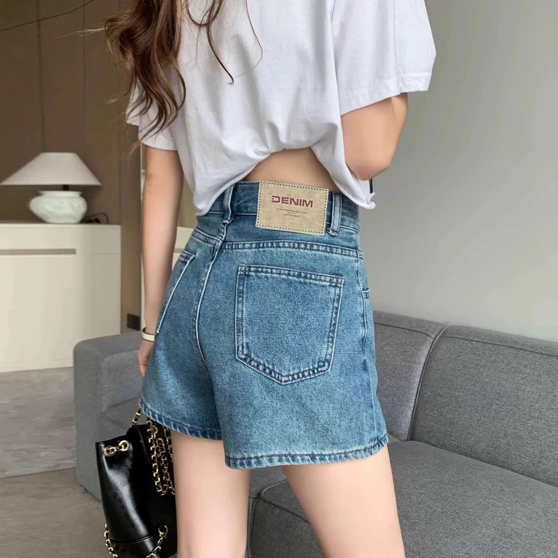 雪千羽高腰牛仔短裤女夏新款宽松显瘦蓝色小个子阔腿a字热裤薄款