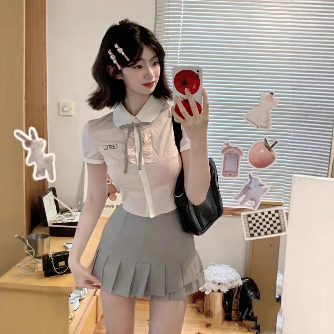韩系JK制服纯欲学院风套装女高校供设计感甜美粉衬衫灰百褶裙两件