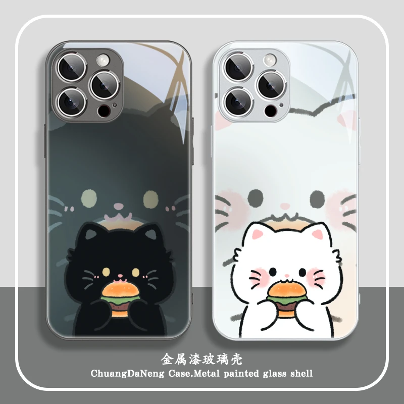 适用华为/苹果17/vivo/oppo/小米汉堡黑白猫咪个性创意渐变手机壳