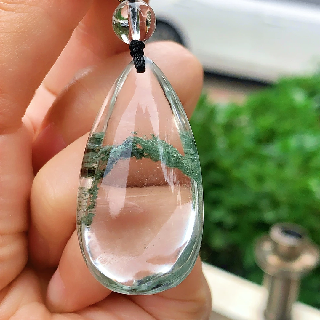 东海水晶天然绿幽灵水晶吊坠毛衣链平安通透绿幽灵纯天然100%真品