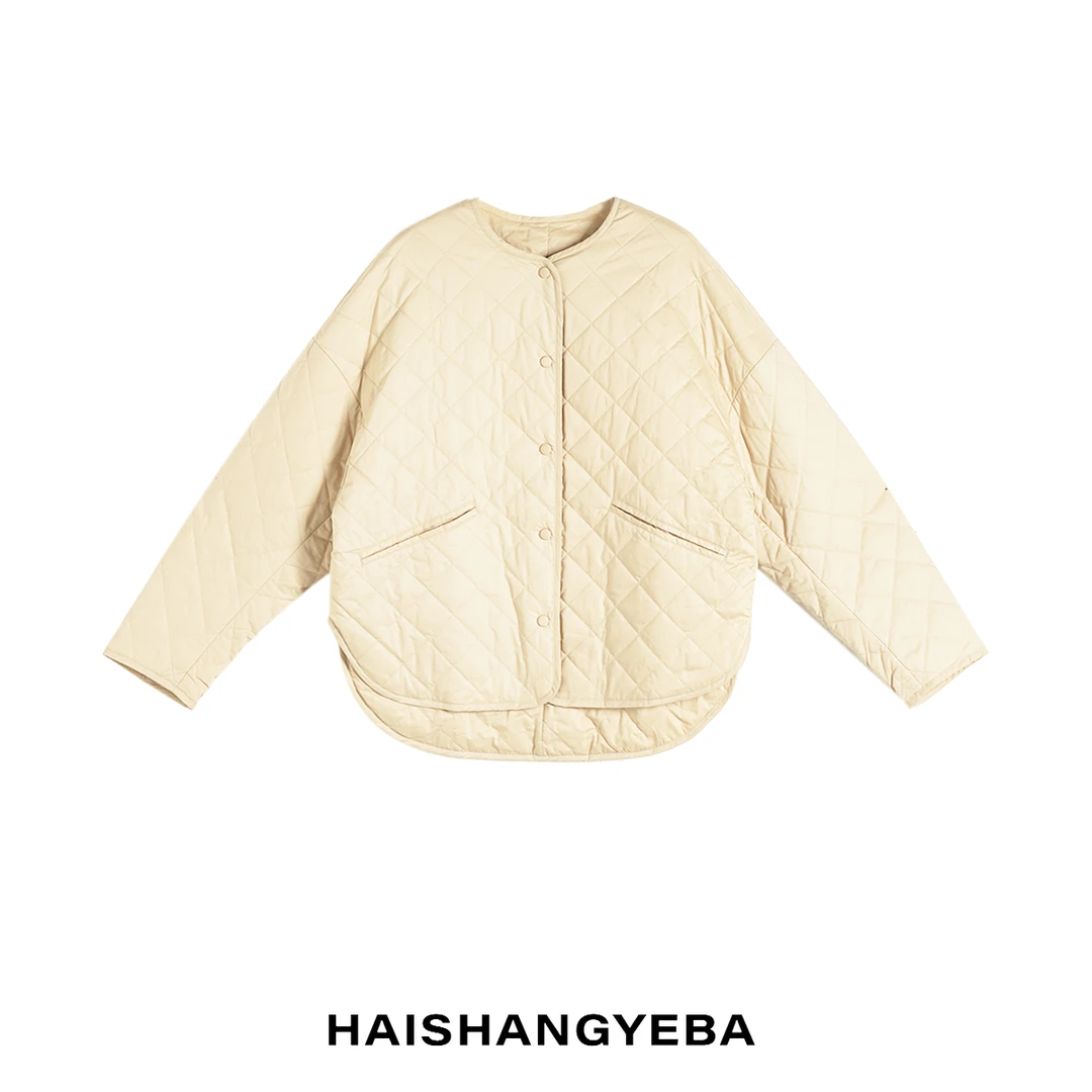 【海上叶爸】新款2025秋冬百搭棉纽扣宽松菱格厚款休闲棉服