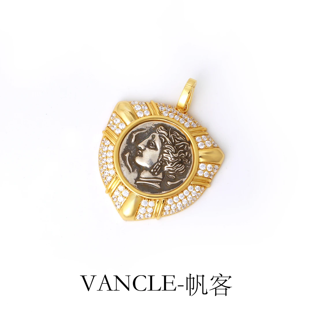 坠链均925银锆石  S925纯银【水泽仙女】时尚盾形镶精锆石古币吊坠