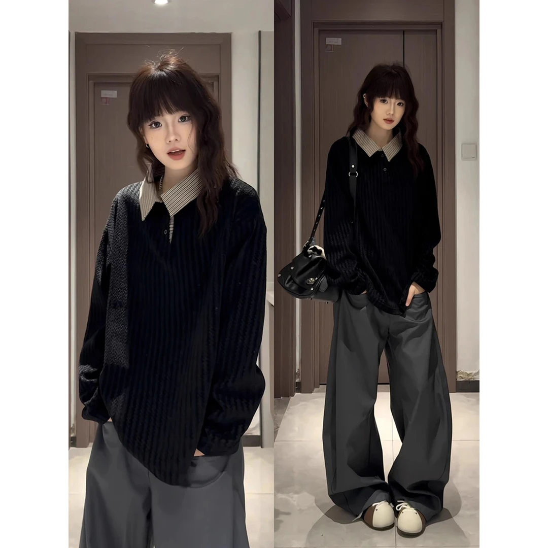 白色鱼骨纹polo衫秋季千鸟格翻领长袖T恤男高级感痞帅打底衫卫衣