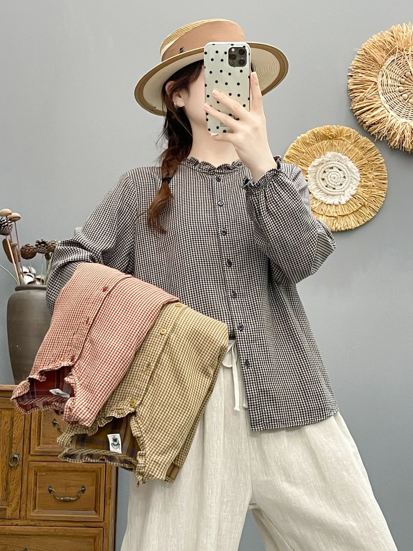 春秋可穿棉纱舒适小格子花边领减龄女衬衣