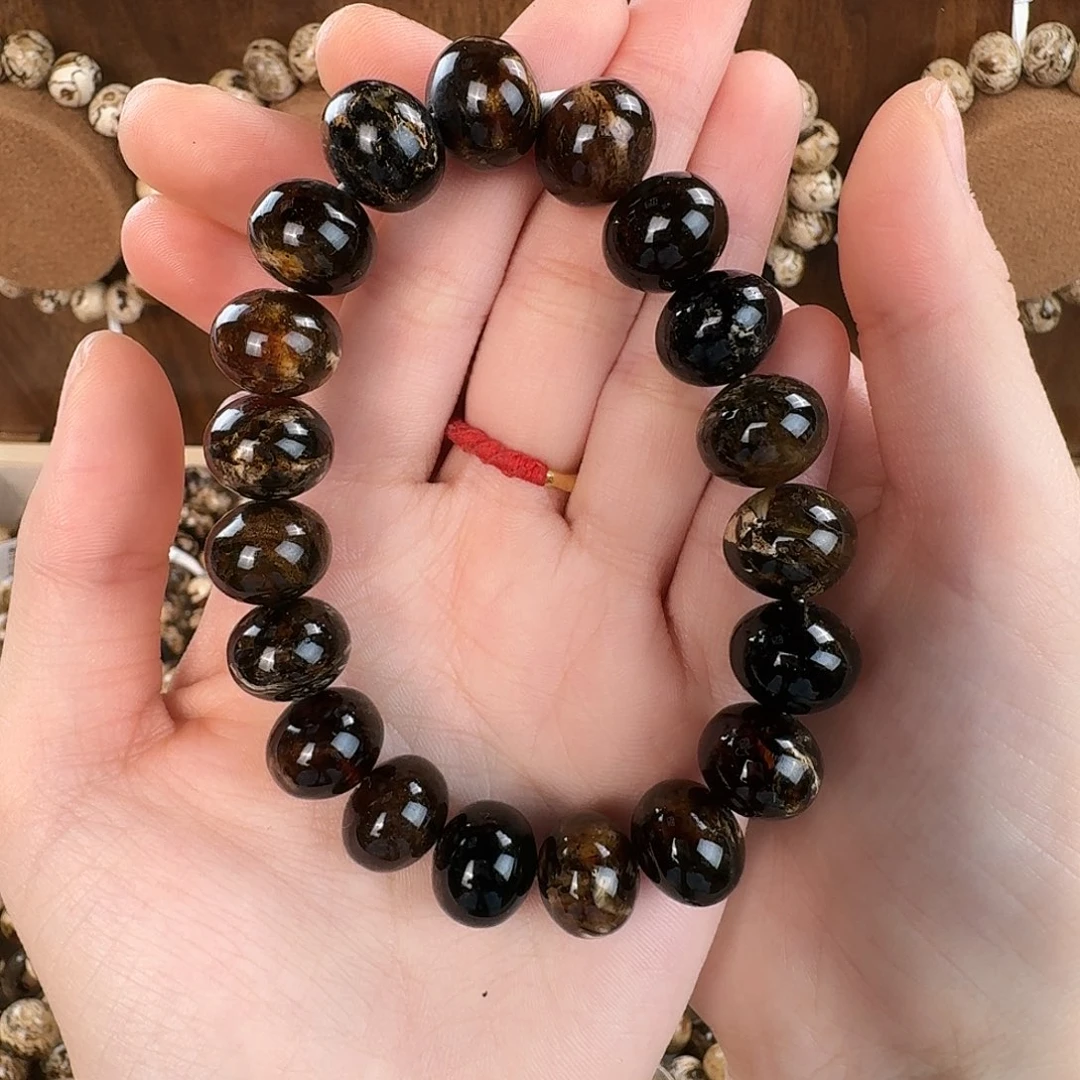 ༺***༻琥珀未镶嵌手串抚顺琥珀 黑金干白花