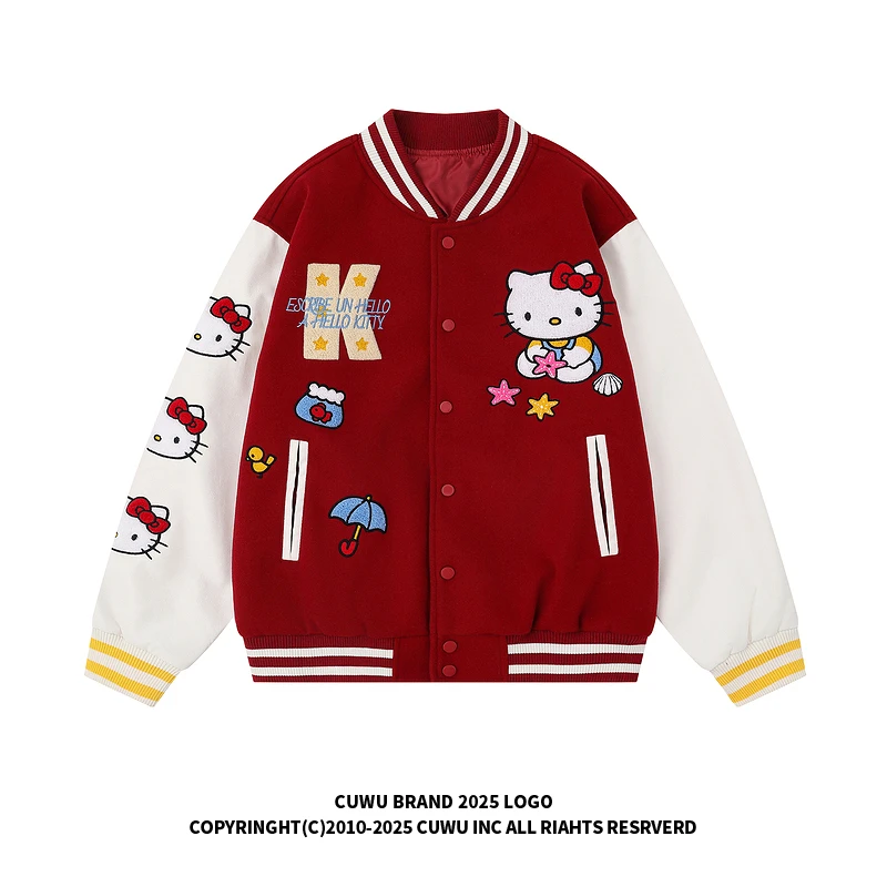 cuwu美式复古kitty猫植绒刺绣棒球服女男秋季插肩袖宽松夹克外套