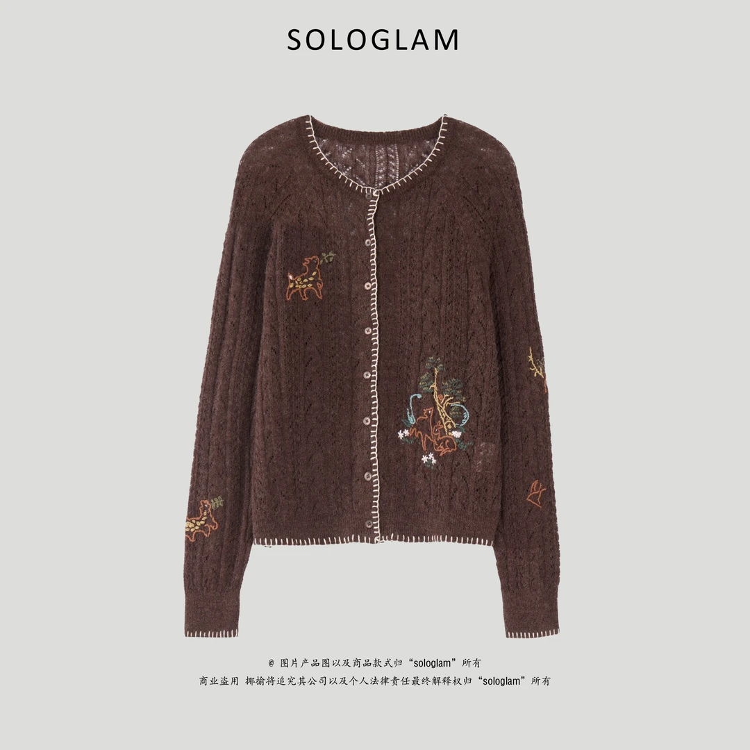 sologlam手作绣花镂空轻软羊驼毛锦羊毛混纺圆领单排扣针织开衫女