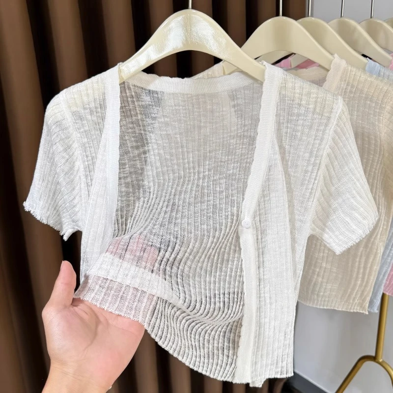 冰丝针织衫女短袖开衫夏季新款超薄吊带裙外搭短款小披肩防晒罩衫