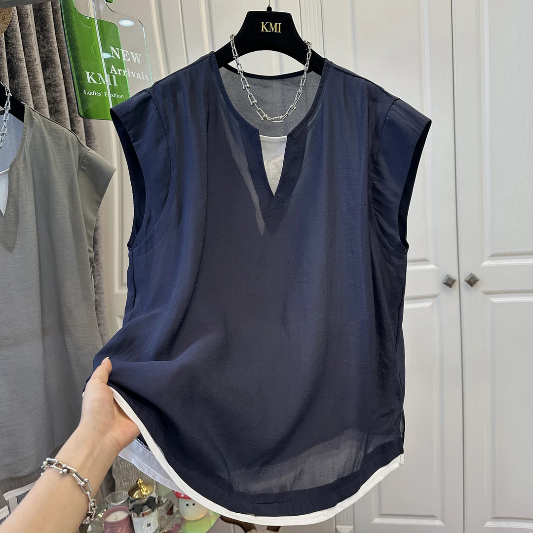 特大码300斤假两件拼接设计V领无袖男女背心上衣网纱轻薄宽松夏季