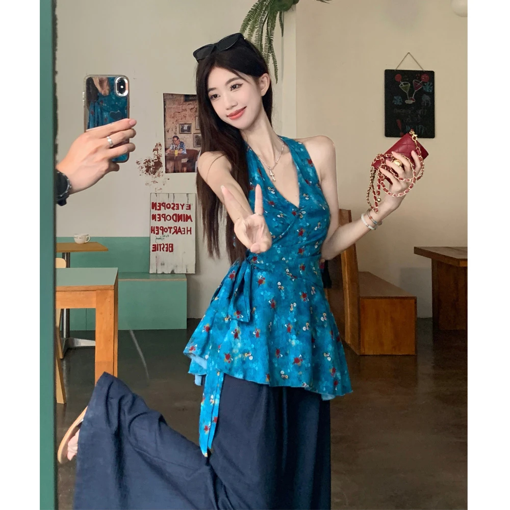 茶歇法式V领系带挂脖收腰显瘦上衣百搭阔腿裤美式简约背心两件套