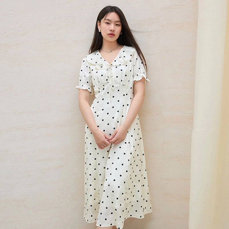 独束大码女装浪漫法式波点收腰连衣裙气质甜美长裙 25闪82282