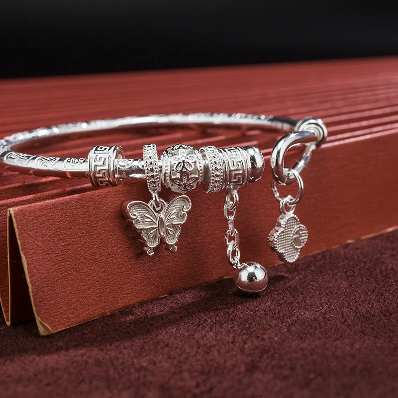 足银手镯 足银999手镯 金汇徕足银开口铃铛镯子开口可调节女款