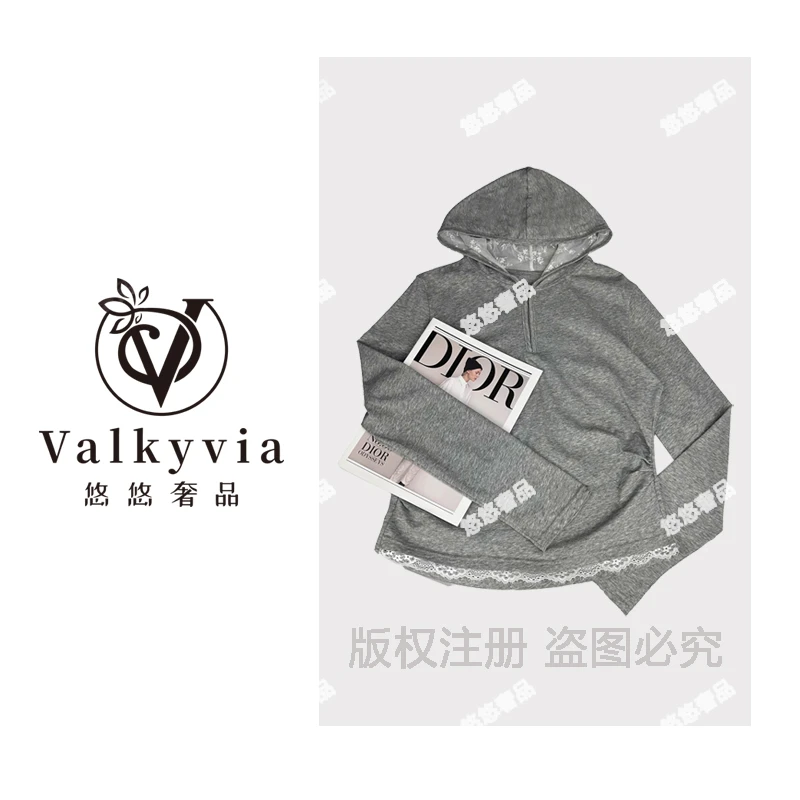 感小众蕾丝拼接连帽修身百搭长袖T恤 W60339