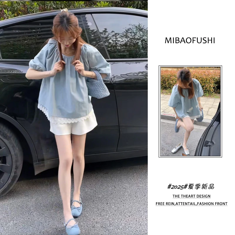 初夏穿搭一整套2025新款蓝色泡泡袖蕾丝衬衫高腰阔腿短裤两件套女
