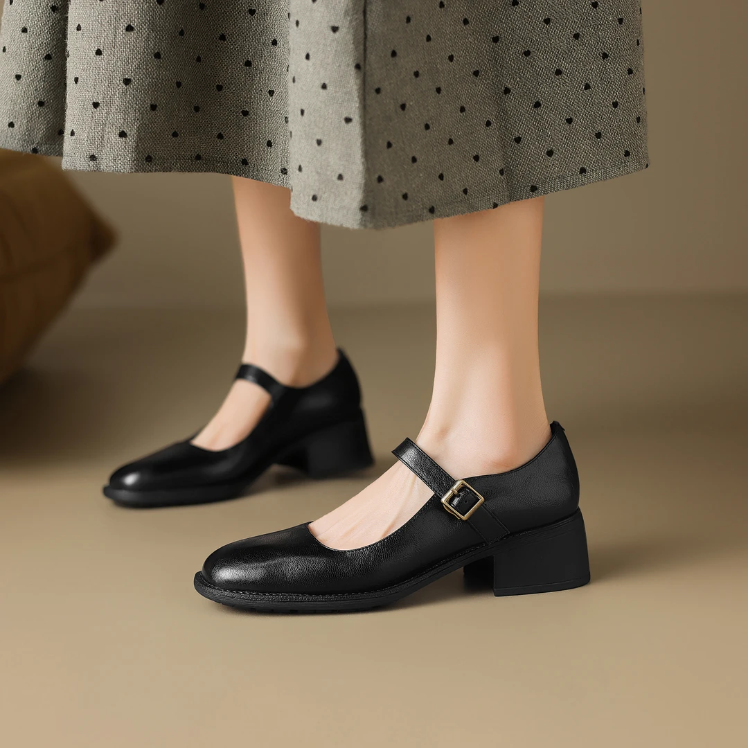 星期六时尚百搭黑色女士单鞋复古法式玛丽珍女鞋粗跟方头浅口跟鞋