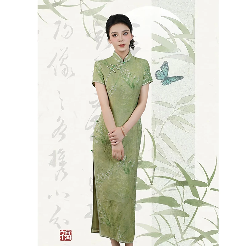 短袖低开衩薄款新中式高开衩旗袍春夏绿色职场新中式