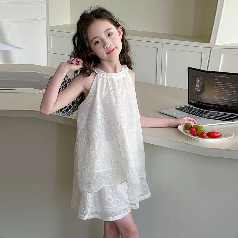 女童夏装套装2025新款韩版吊带背心短裤中大童女孩蕾丝绣花两件套