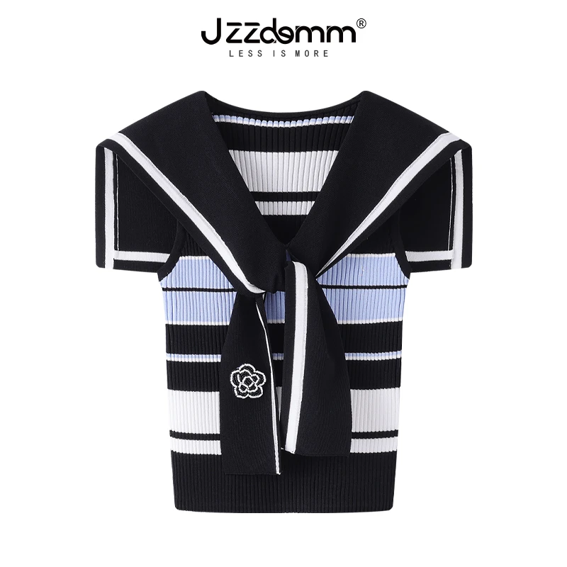 九州诚品/JZZDEMM2025年新款山茶花装饰撞色坑条海军领针织背心女