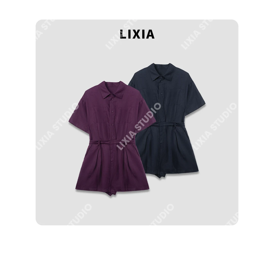 LIXIA【风之连结】ins风时尚潮流抽绳翻领排扣亚麻连体裤-D8052