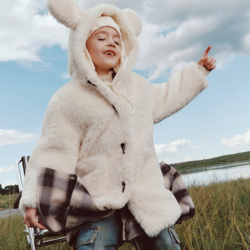 little moco童装25冬装新款男女童仿羊羔毛长款大衣外套