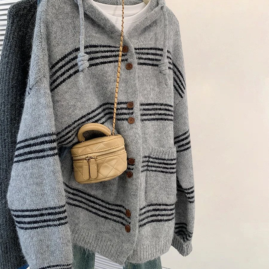 慵懒连帽条纹针织开衫秋冬季秋冬中长款宽松上衣毛衣韩系外套女潮