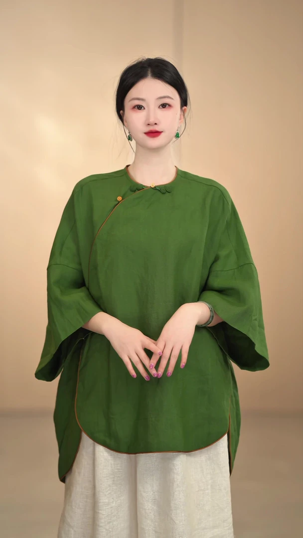 「素青」中国风夏季秦汉斜襟禅意提花网红汉服复古纯色宽松百搭上衣