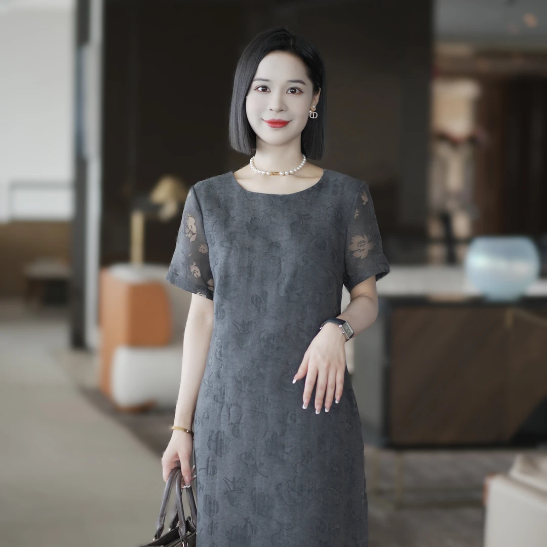 罗美拉 夏季高级感气质品味精致优雅圆领提花显瘦连衣裙#779