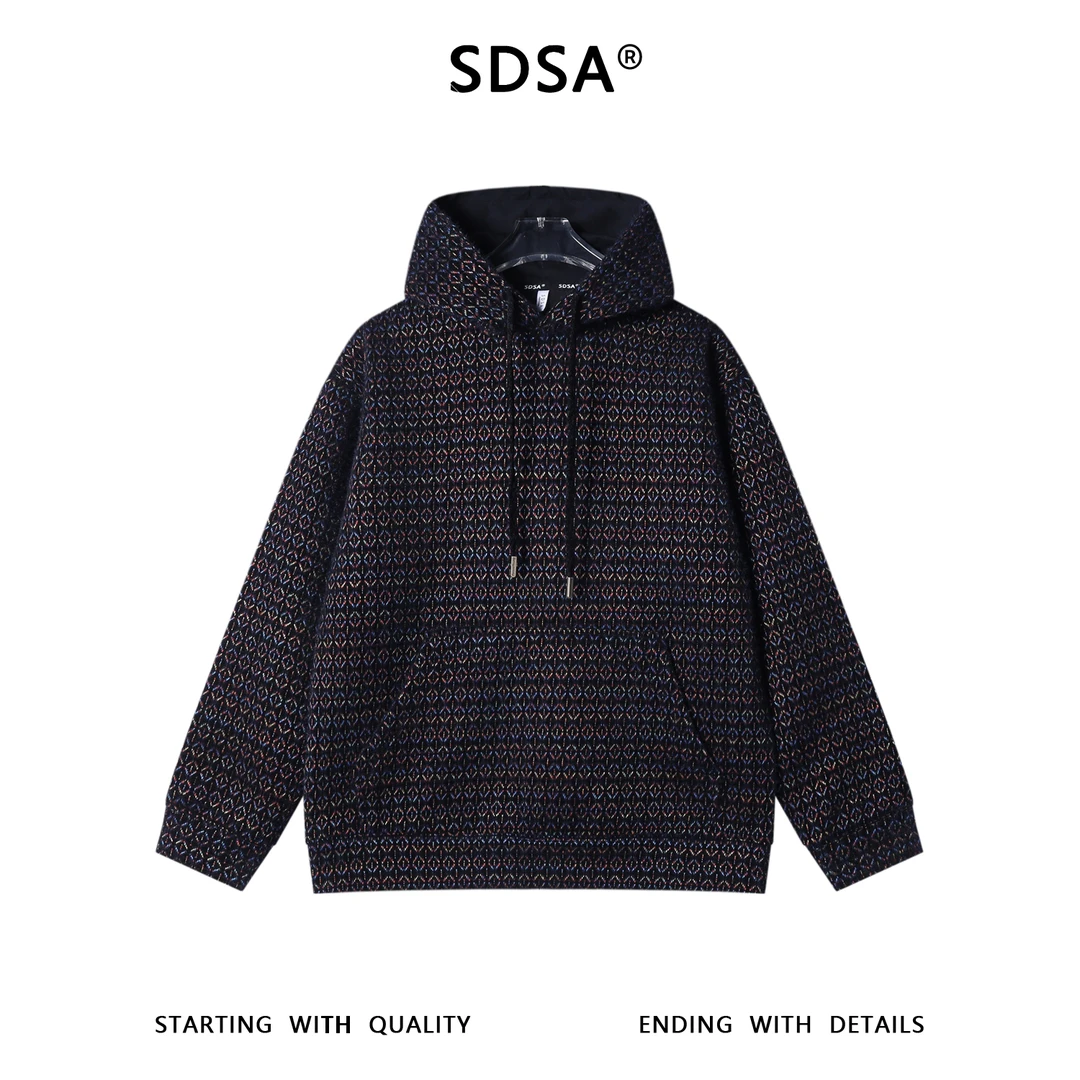 SDSA男士秋冬新款痞帅男装彩色菱形条纹抽绳连帽卫衣百搭宽松上衣