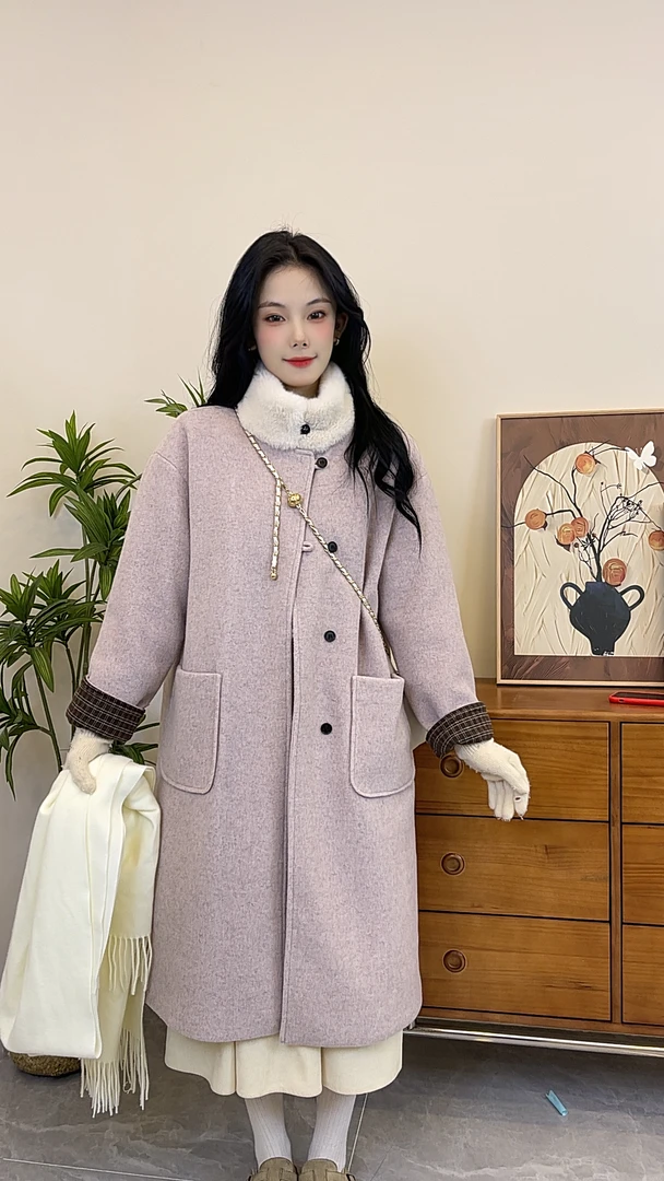 1001秋冬季撞色娃娃领牛角扣毛呢大衣休闲宽松保暖中长款呢子外套