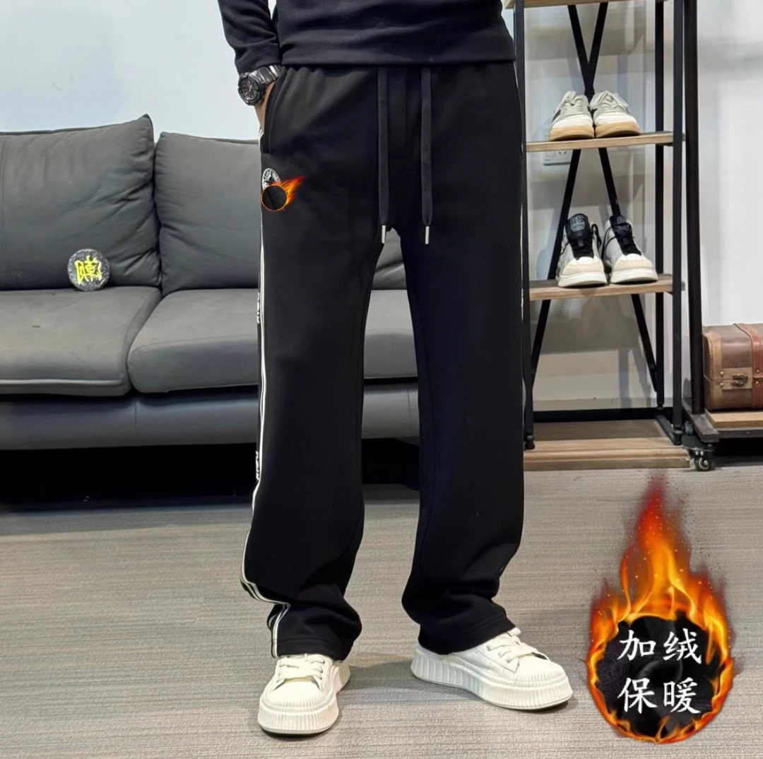 灰色加绒男士冬季极简百搭潮流韩版宽松直筒休闲裤运动裤