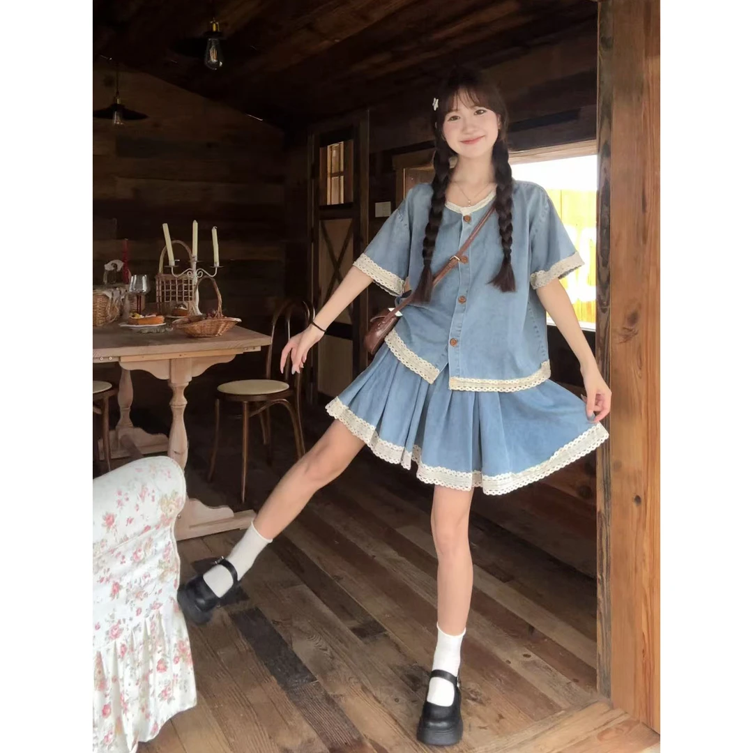【海岛少女】夏季复古花边牛仔套装2025小个子乖巧短袖短裙两件套女