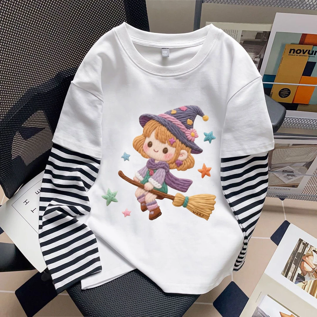 卡通假两件长袖T恤男女童秋季新款撞色上衣服宽松百搭洋气上衣服