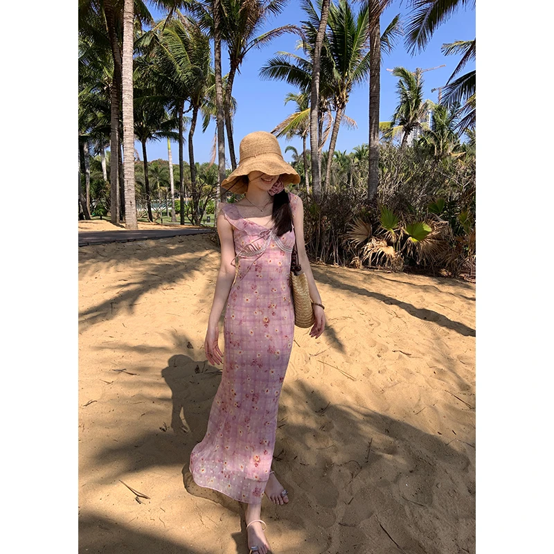 YOKLASS少女家 【现】粉色法式印花小飞袖鱼尾裙度假裙子 L30049S51