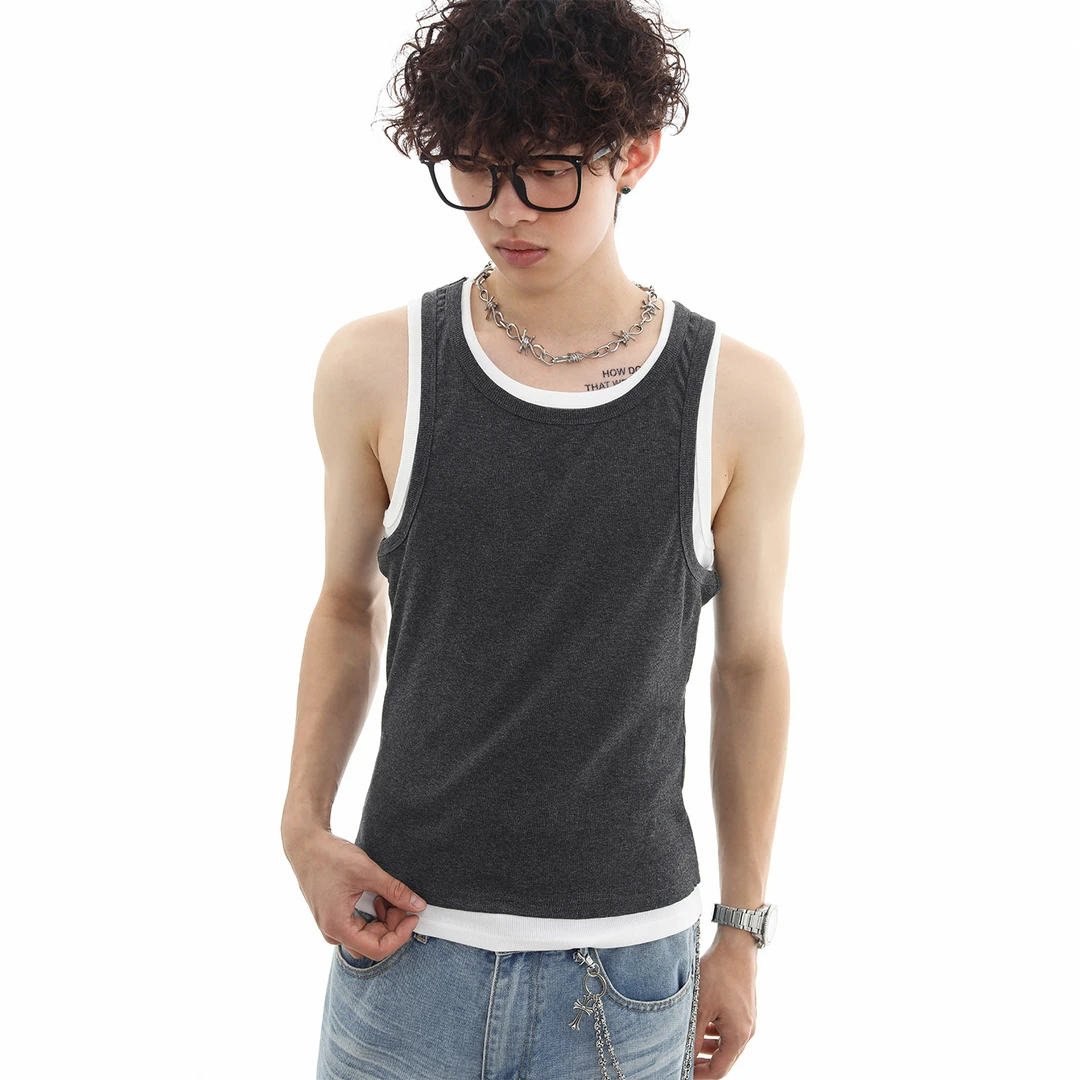 Trend st假两件做旧运动背心夏季宽松休闲跨栏无袖坎肩T恤男