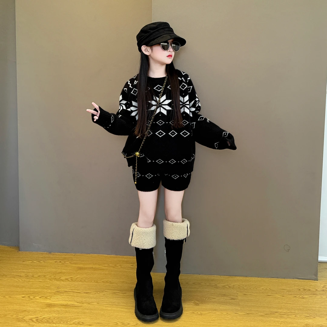 女童2025年春秋慵懒风费尔岛提花毛衣中大童针织毛衣外套短裤套装